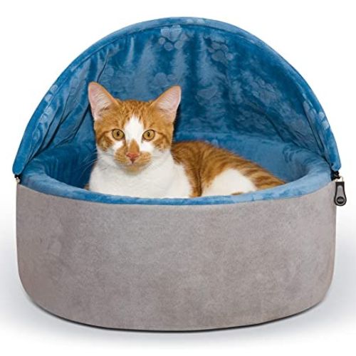 K&H Self-Warming Kitty Bed Hooded - Small, Blue/Gray