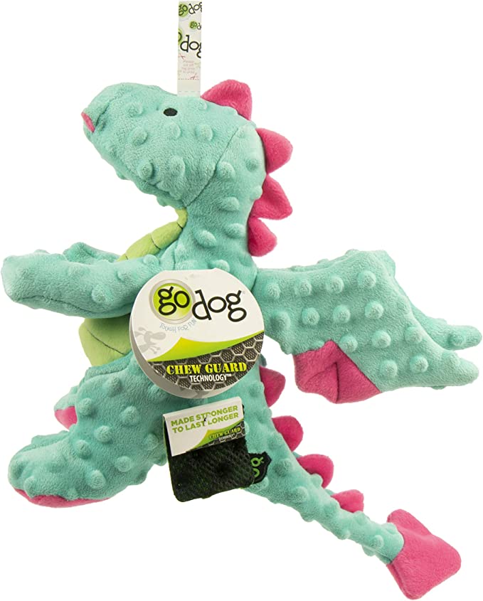 GoDog Dragons With Chew Guard Technology Durable Plush Squeaker Dog Toy, Seafoam